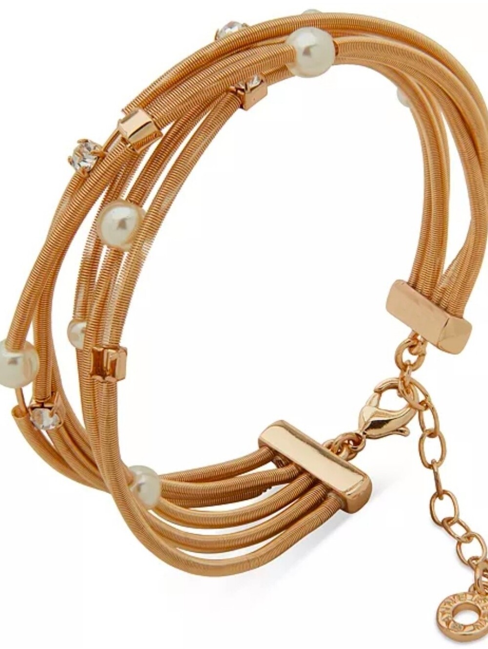 Anne Klein Acrylic Pearl Gold-Tone Crystal Glass Stationed Cuff Bracelet